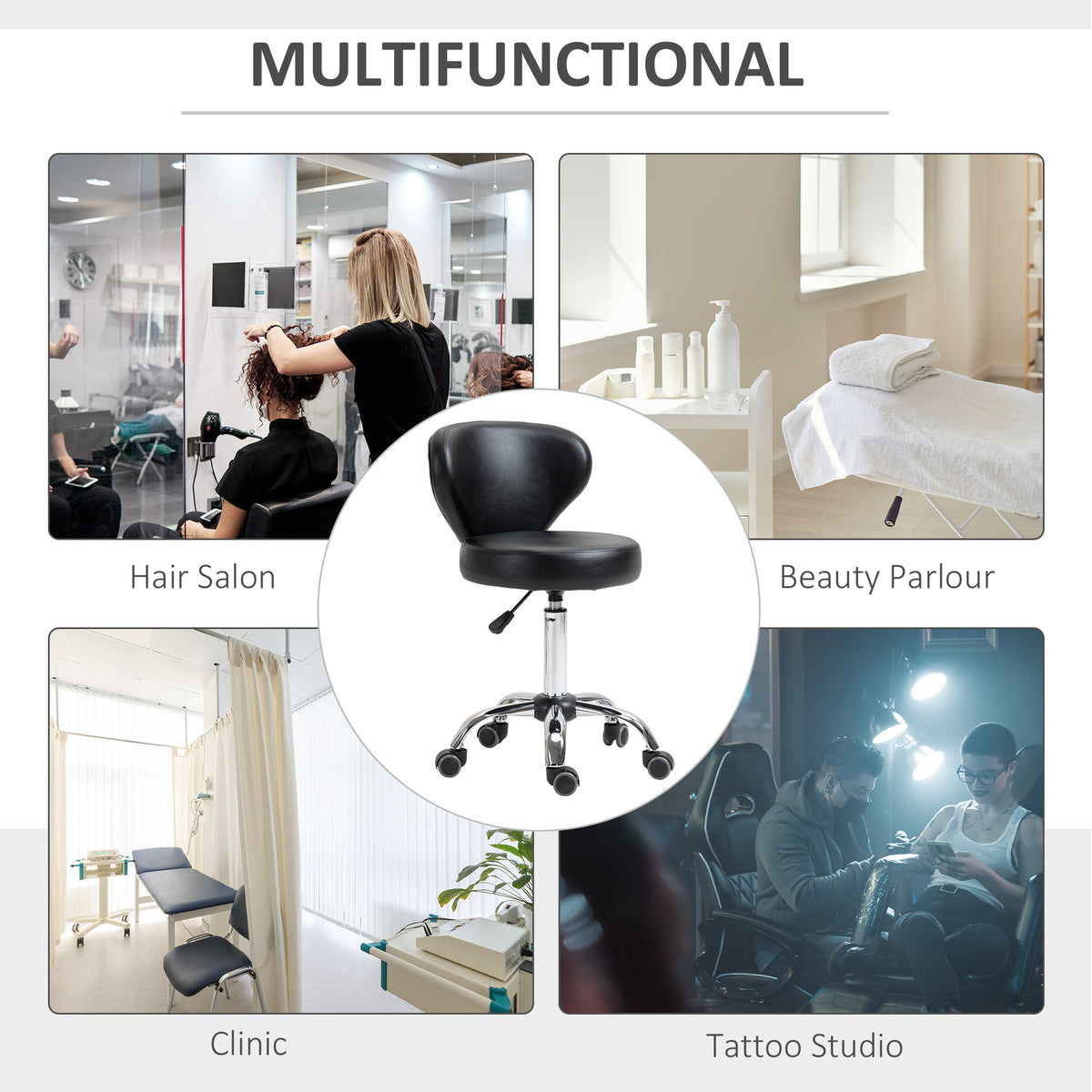 Tabouret de salon pivotant réglable avec dossier et roulettes