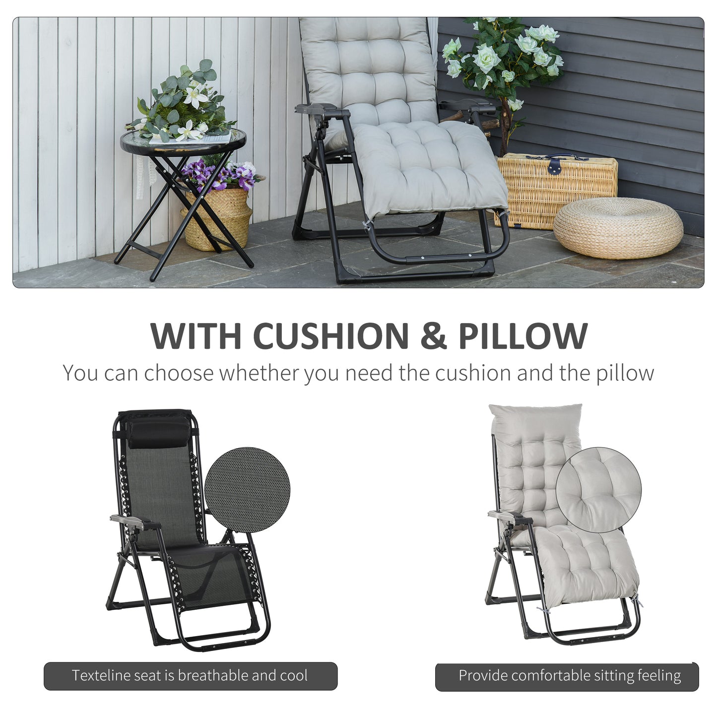Chaise longue zéro gravité pliante avec coussin amovible