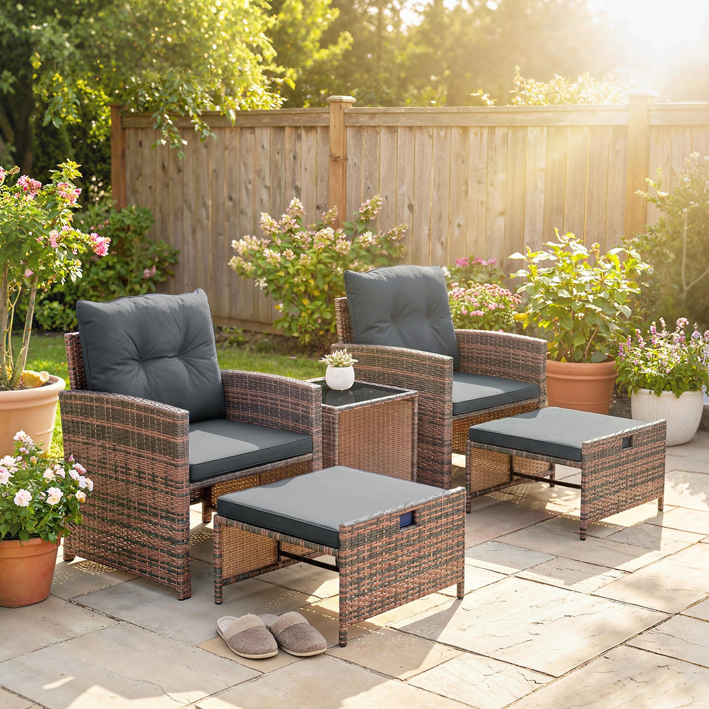 Outsunny 5-Piece Rattan Patio Set - Chairs + Ottomans + Glass Table
