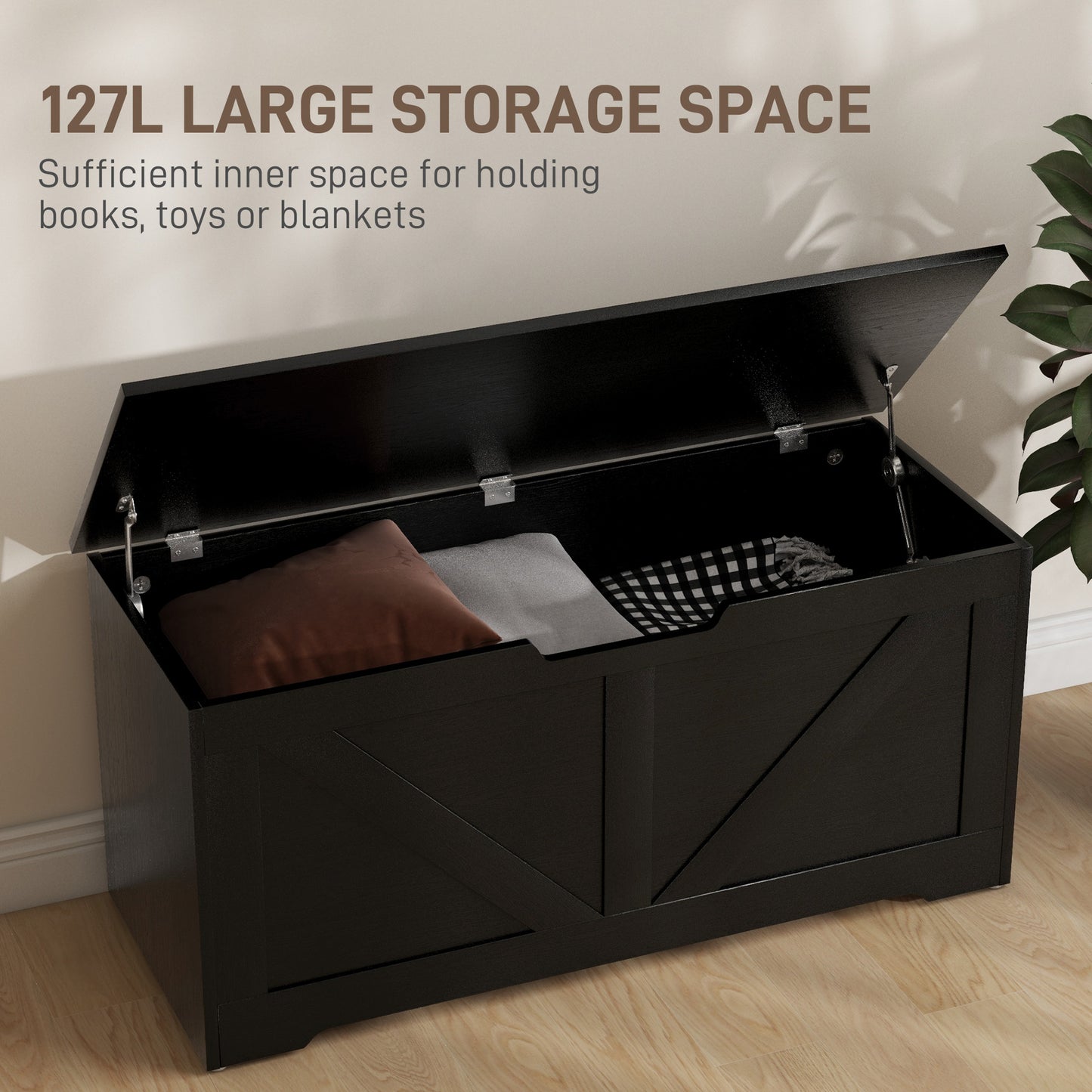 Coffre de rangement spacieux avec charnières sécurisées 100 cm — Grain de bois noir