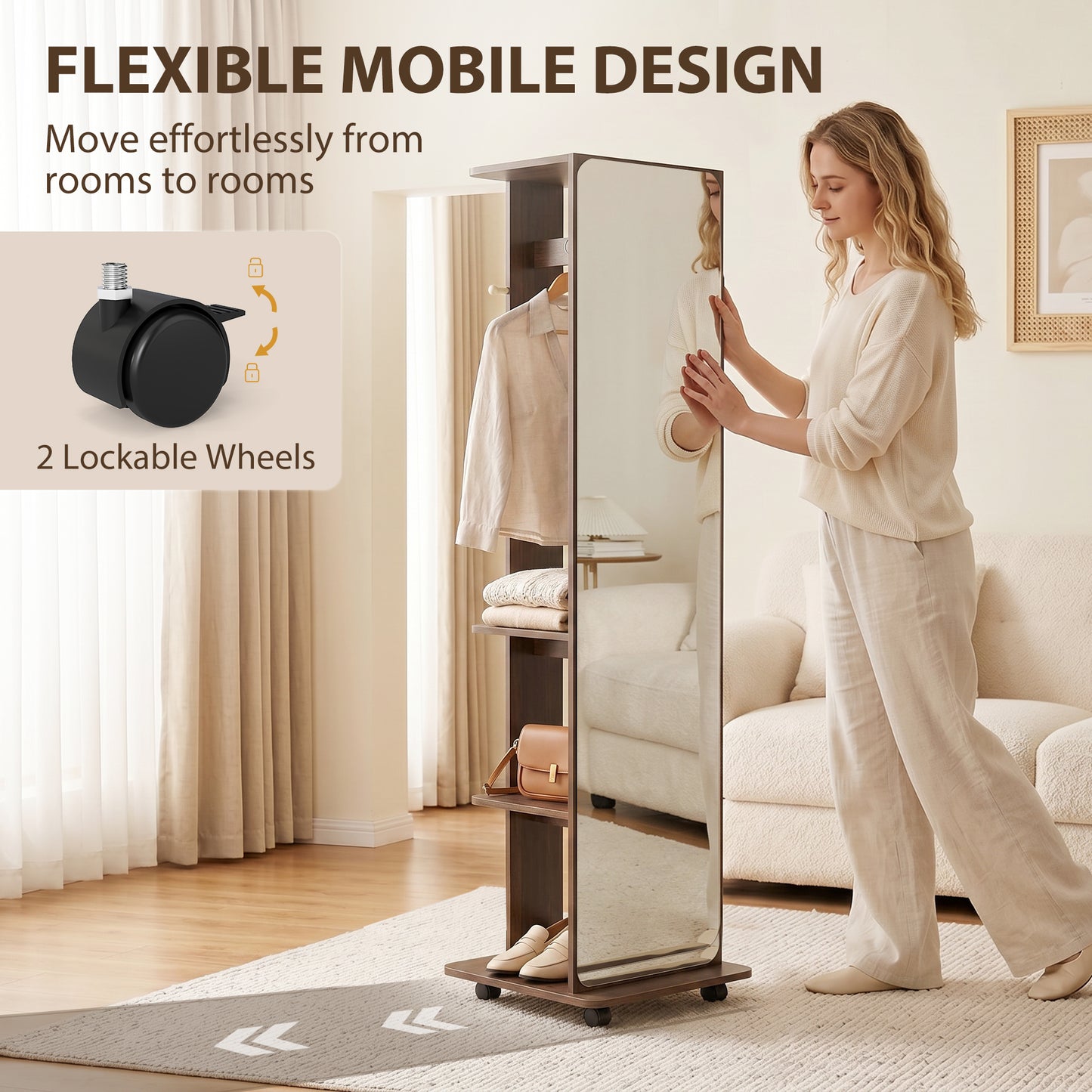 Miroir sur roulettes avec rangement et patères