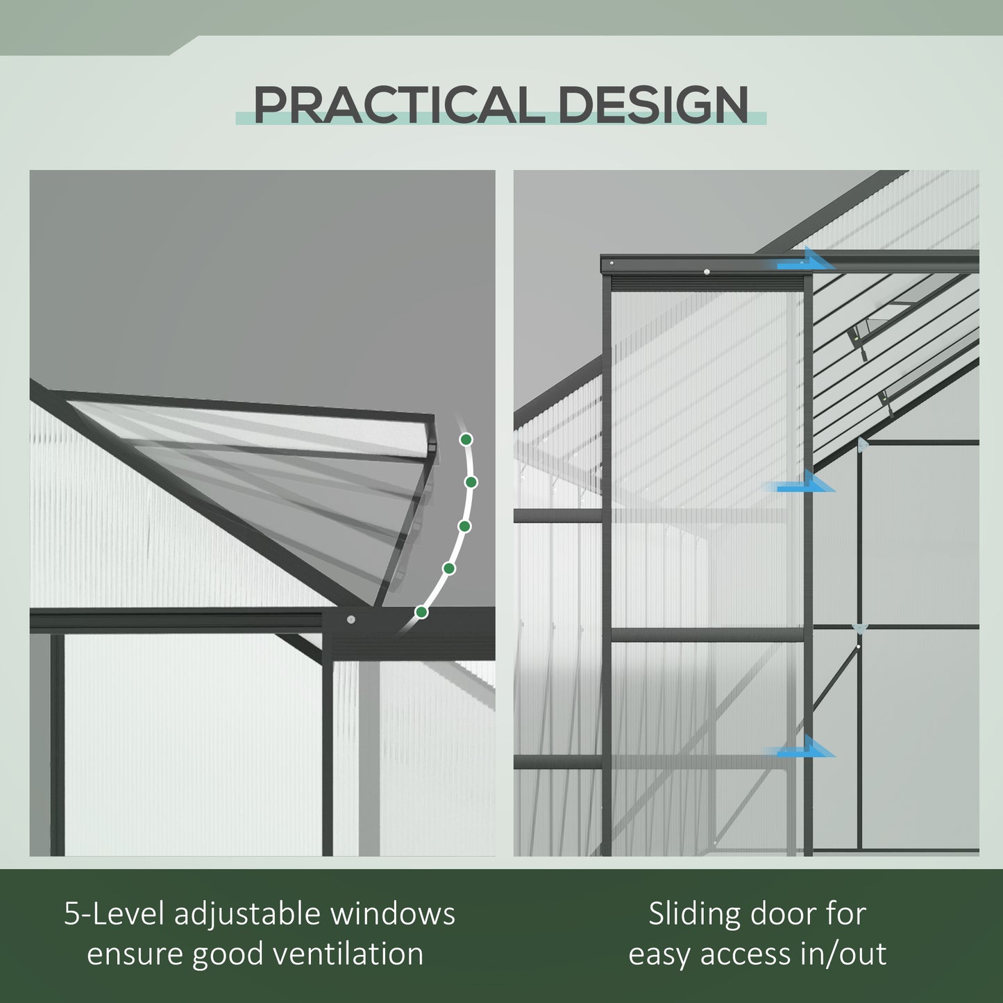  6.1m x 2.4m Aluminum Greenhouse - Sliding Door and Ventilation