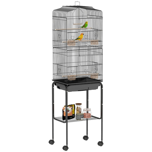 Cage à oiseaux sur roulettes avec tablette de rangement