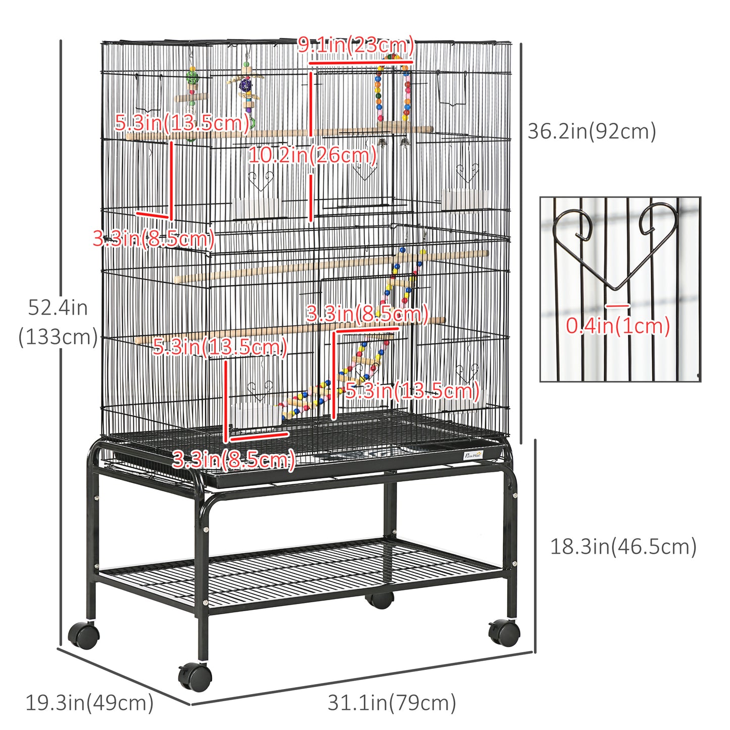 Cage à oiseaux spacieuse avec roulettes et jouets