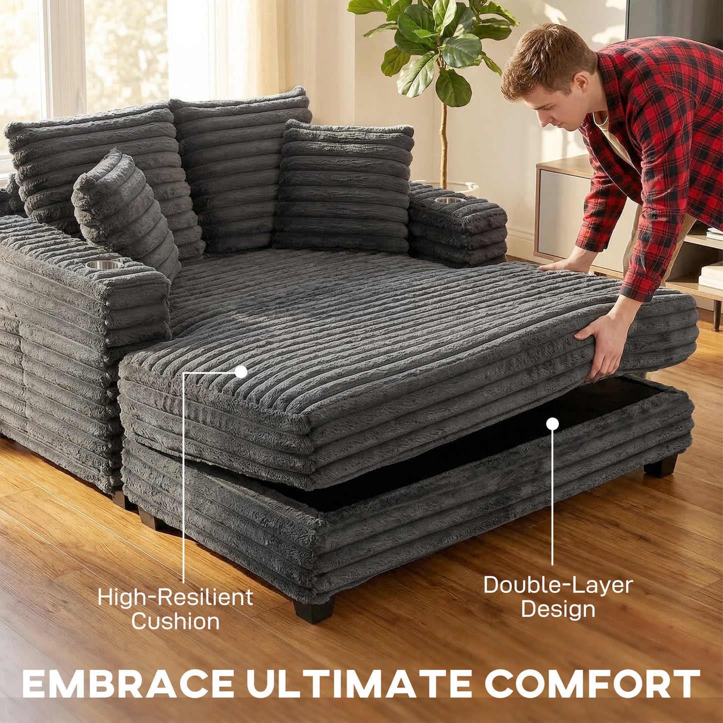 Sofa-lit grand confort avec porte-verres et coussins