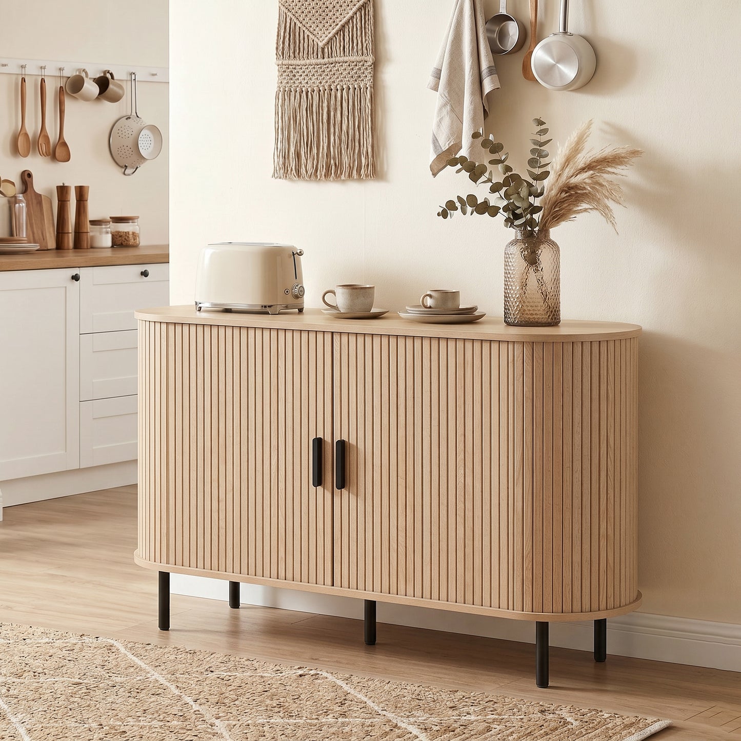 Buffet bahut cannelé portes coulissantes tablettes réglables