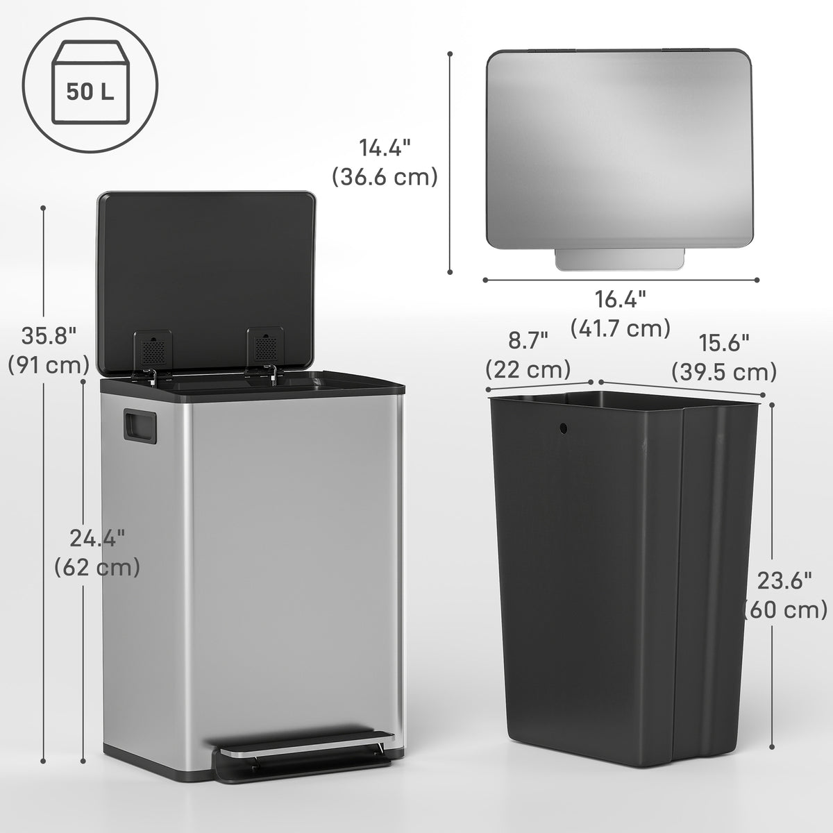 Poubelle de cuisine à fermeture douce en acier inoxydable 50 L