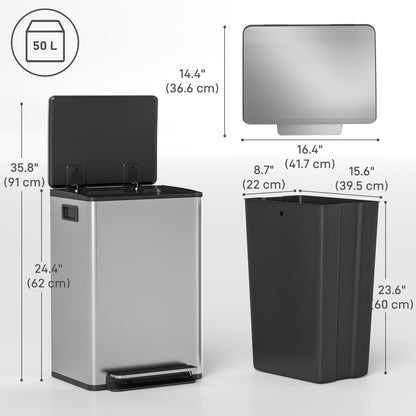 Poubelle de cuisine à fermeture douce en acier inoxydable 50 L