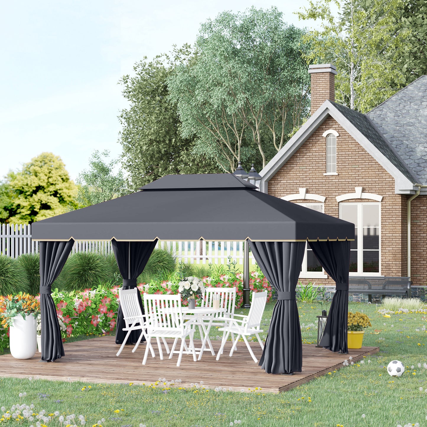 Gazebo de patio double toit avec filet et rideaux