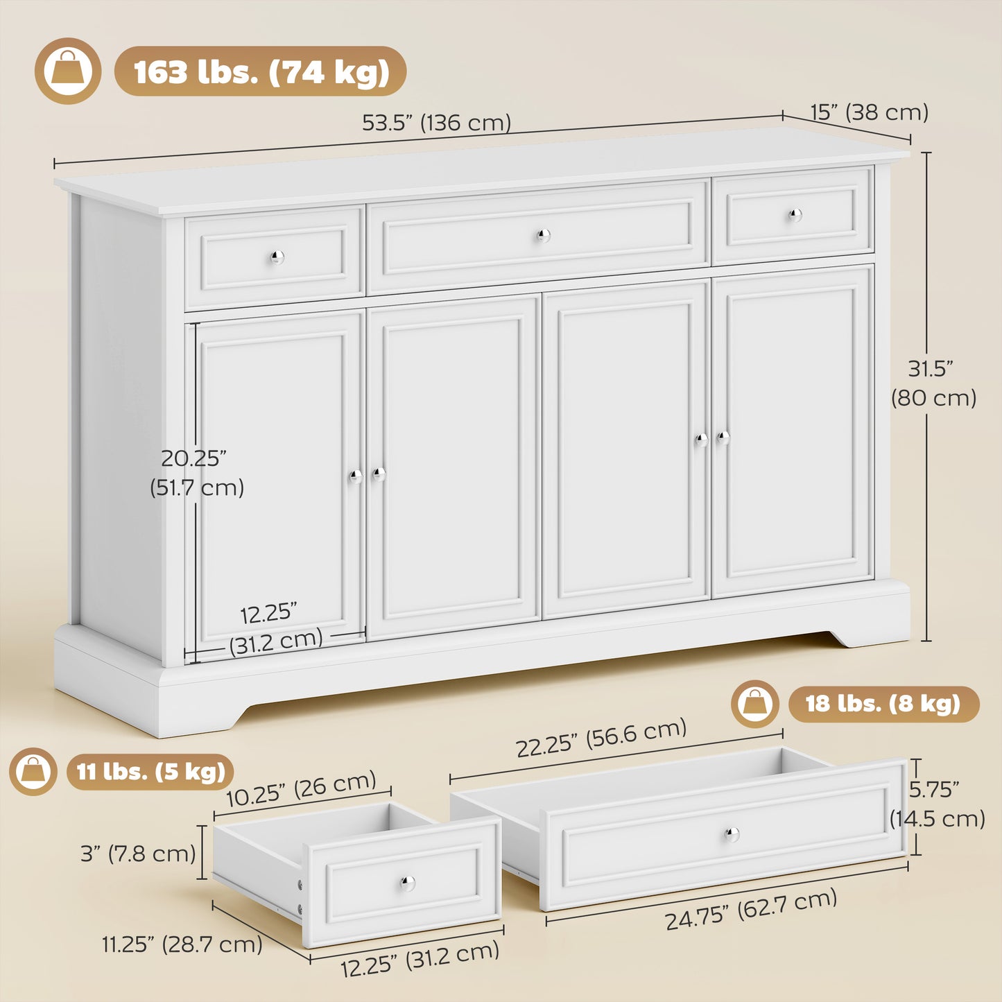 Buffet bahut portes soft-close 3 tiroirs 137 cm