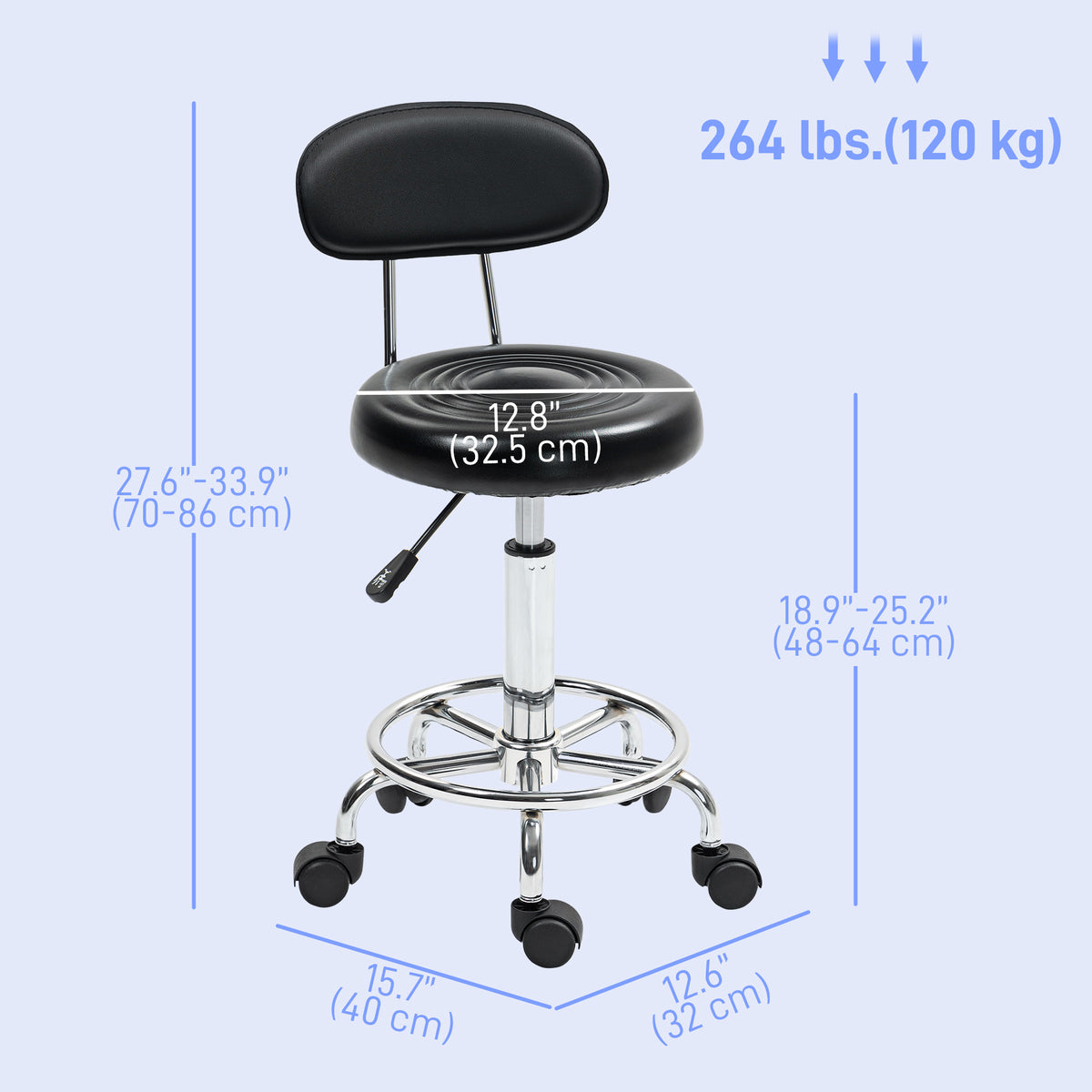 Tabouret à roulettes réglable avec dossier et pivot 360