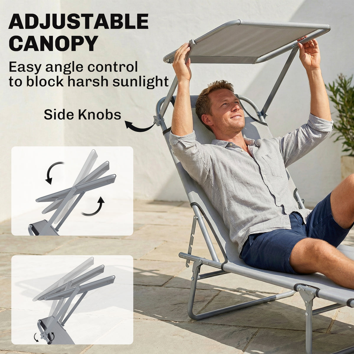 Chaise longue pliante avec auvent réglable