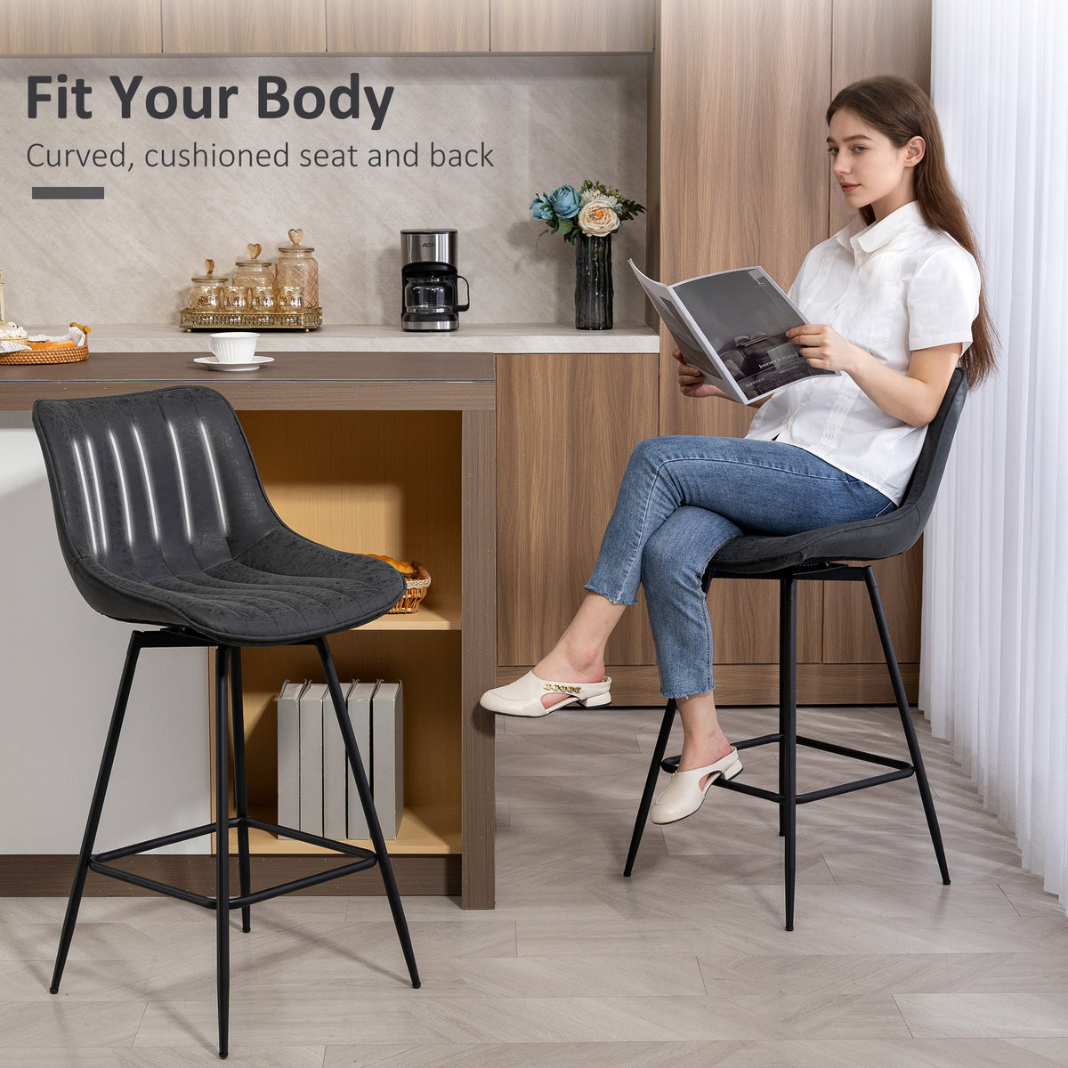 Ensemble 2 tabourets comptoir cuir PU — noir