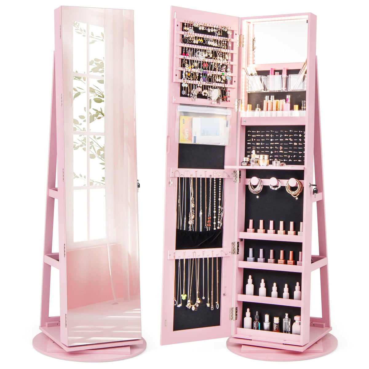 Armoire à bijoux pivotante 360° avec miroir et DEL 3 couleurs
