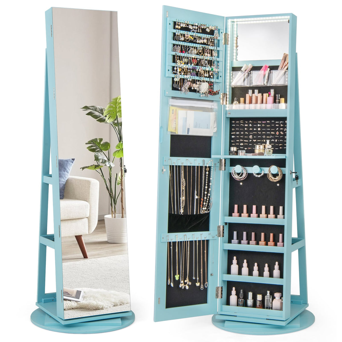 Armoire à bijoux pivotante 360° avec miroir et DEL 3 couleurs