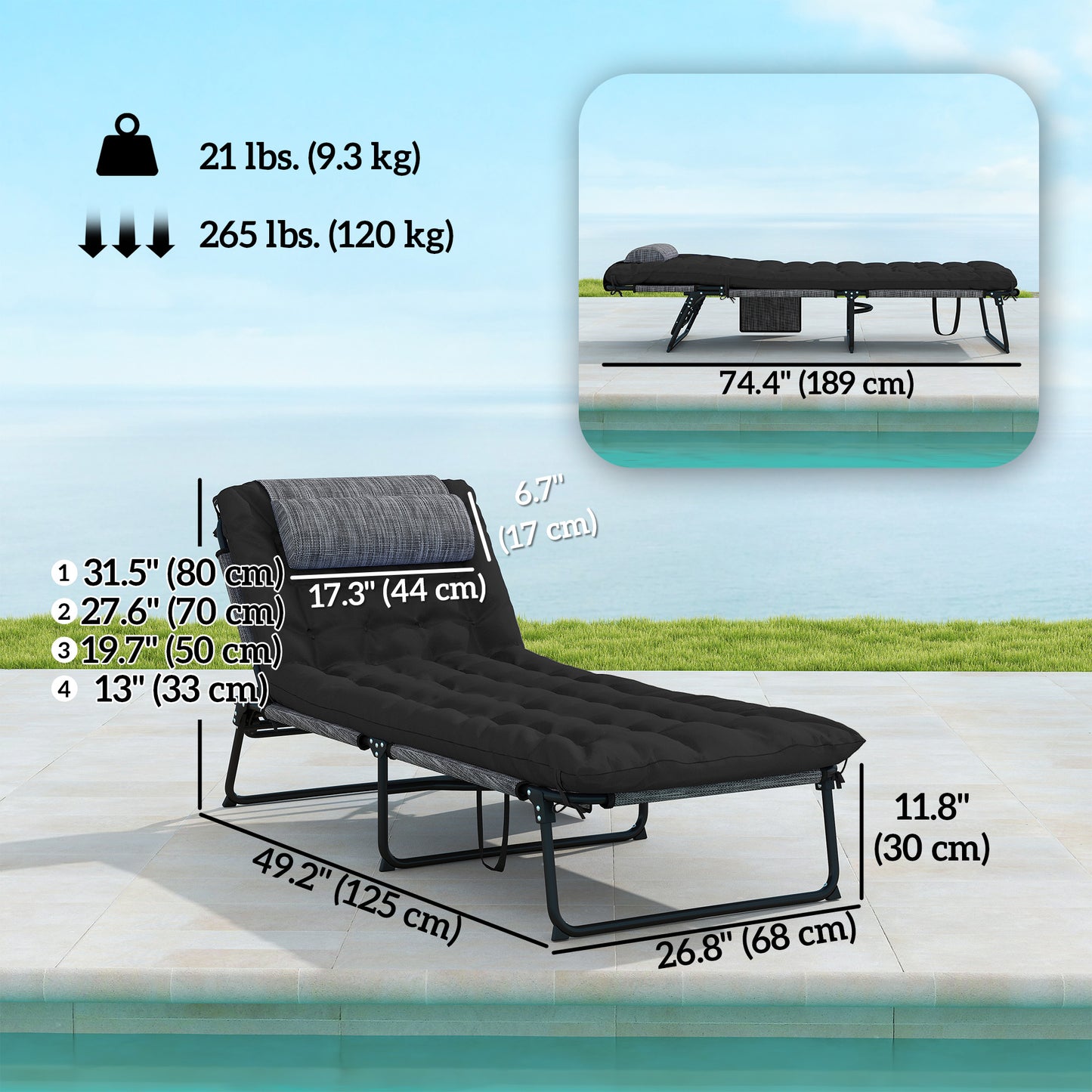 Chaise longue pliante 4 positions avec coussin