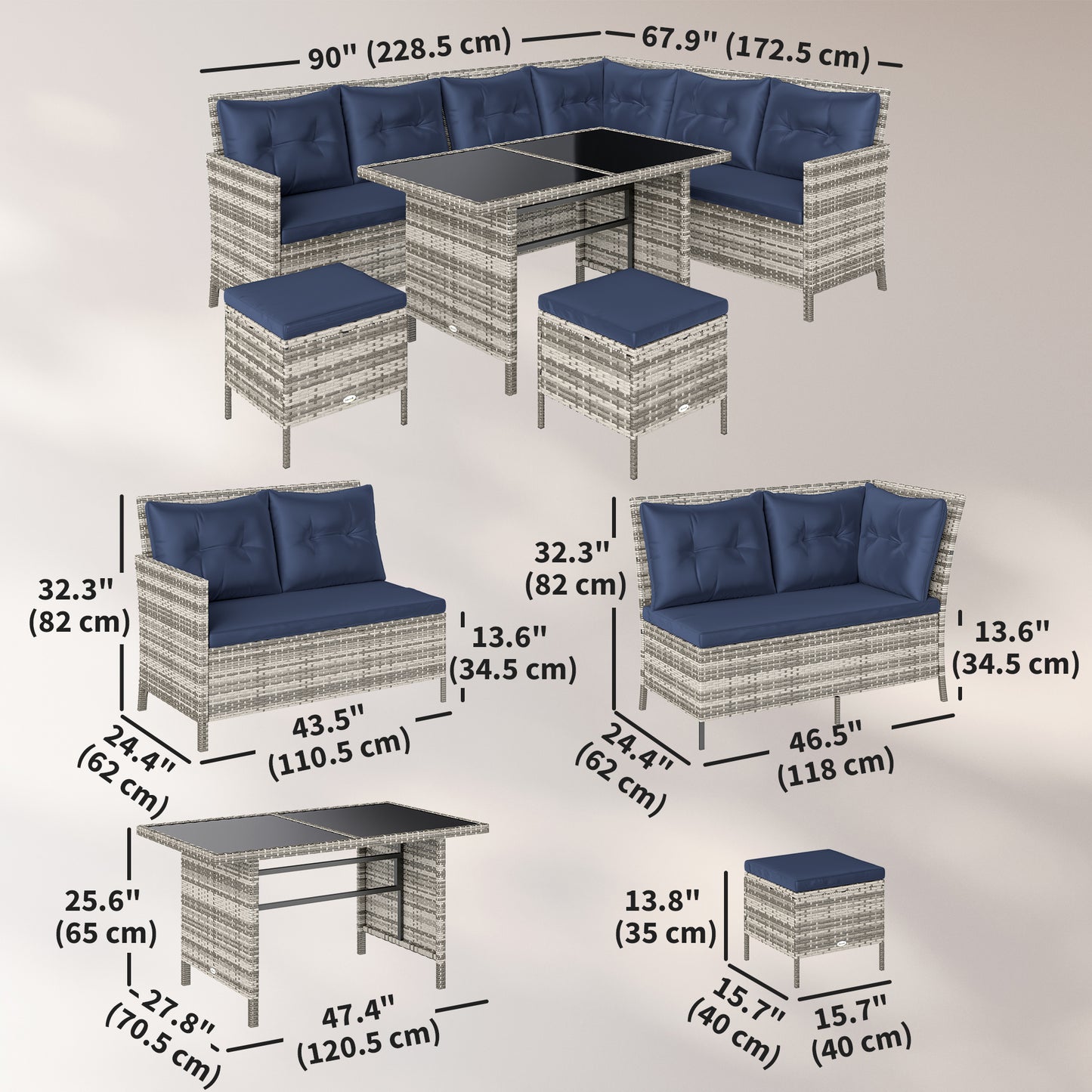 Ensemble de patio sectionnel rotin 6 pièces avec table