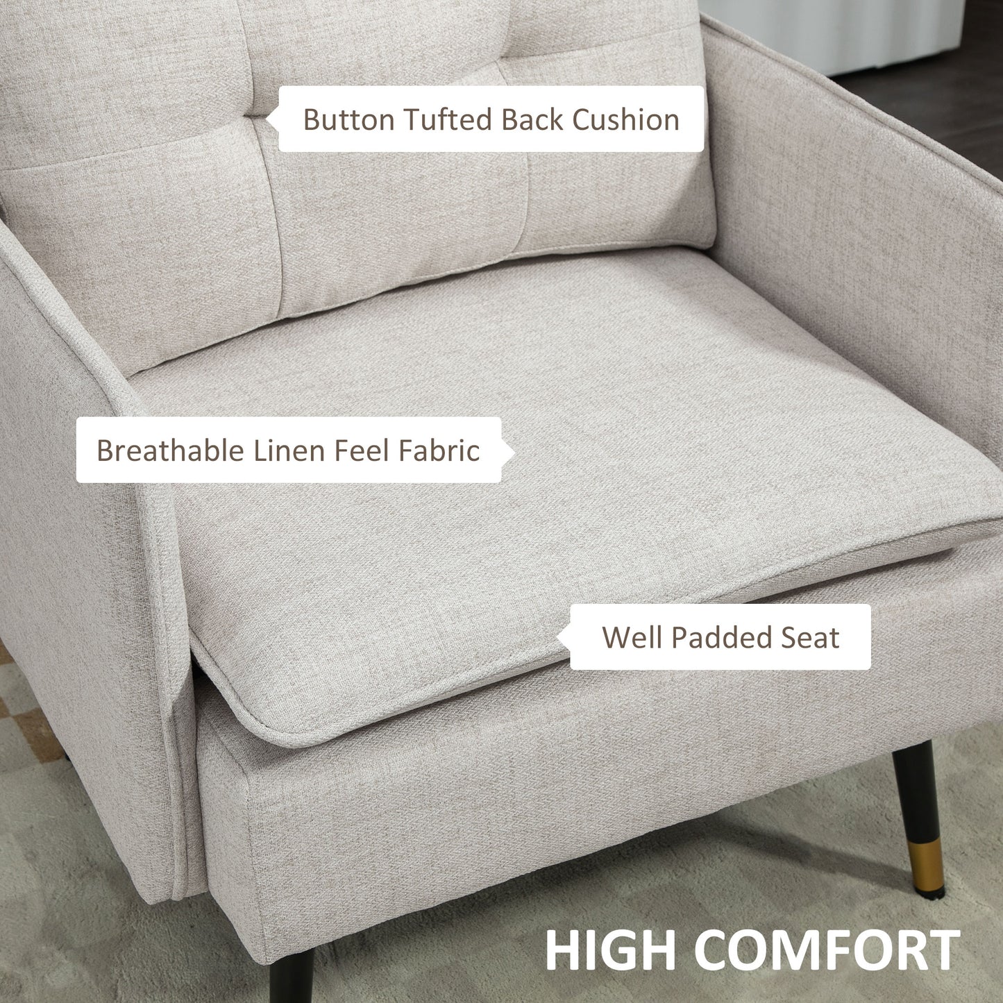 Fauteuil d'accent rembourré dossier capitonné pieds acier