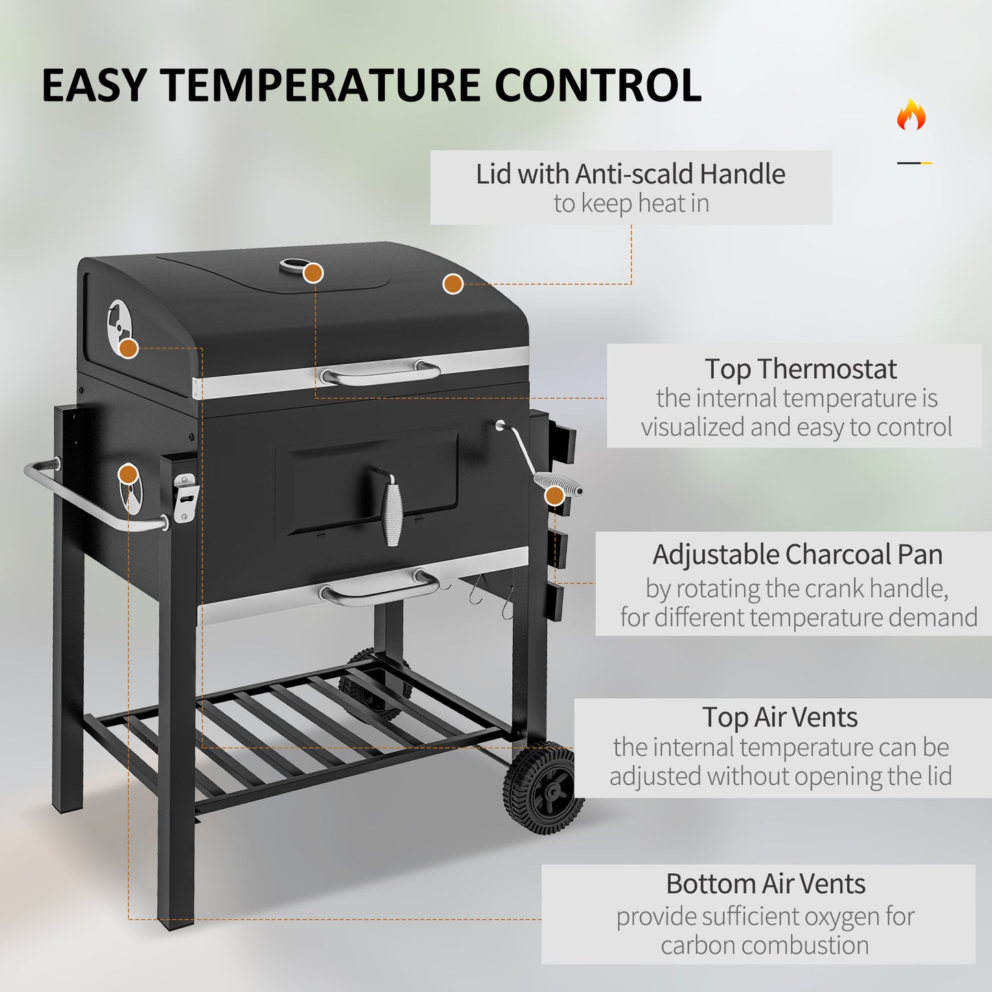 BBQ charbon portable acier inoxydable avec roues et tablette