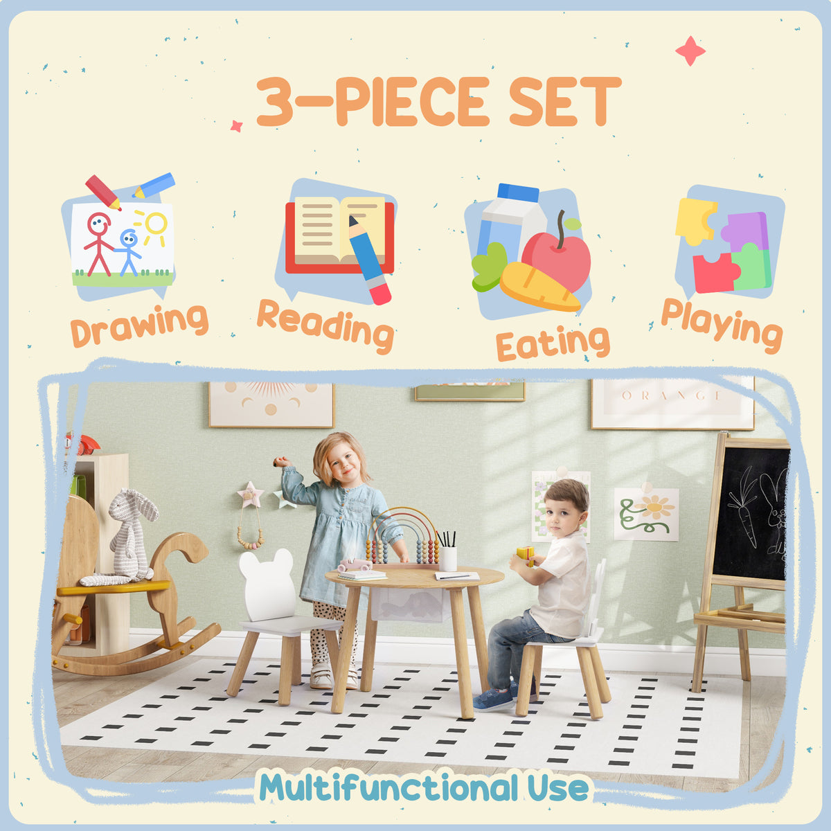 Ensemble table et chaises pour enfants motifs d'ours — Lot de 3