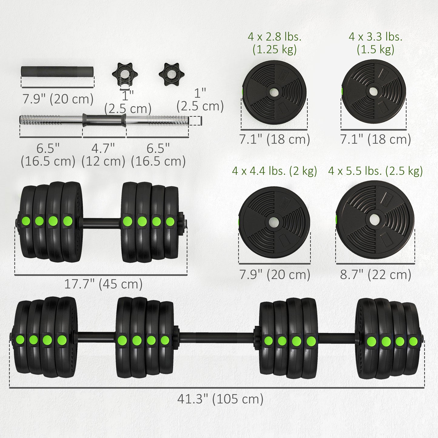 Ensemble haltères et barre 2-en-1 ajustable 30 kg