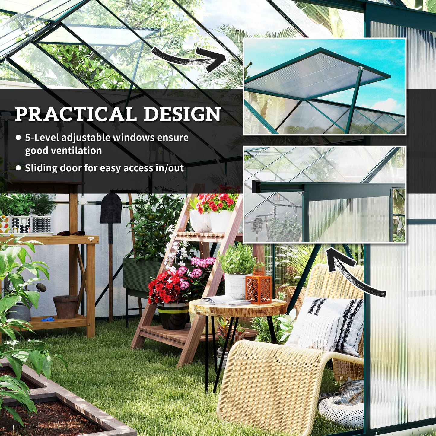 Serre de jardin 6,1 x 2,4 x 2,1 m avec ventilation ajustable