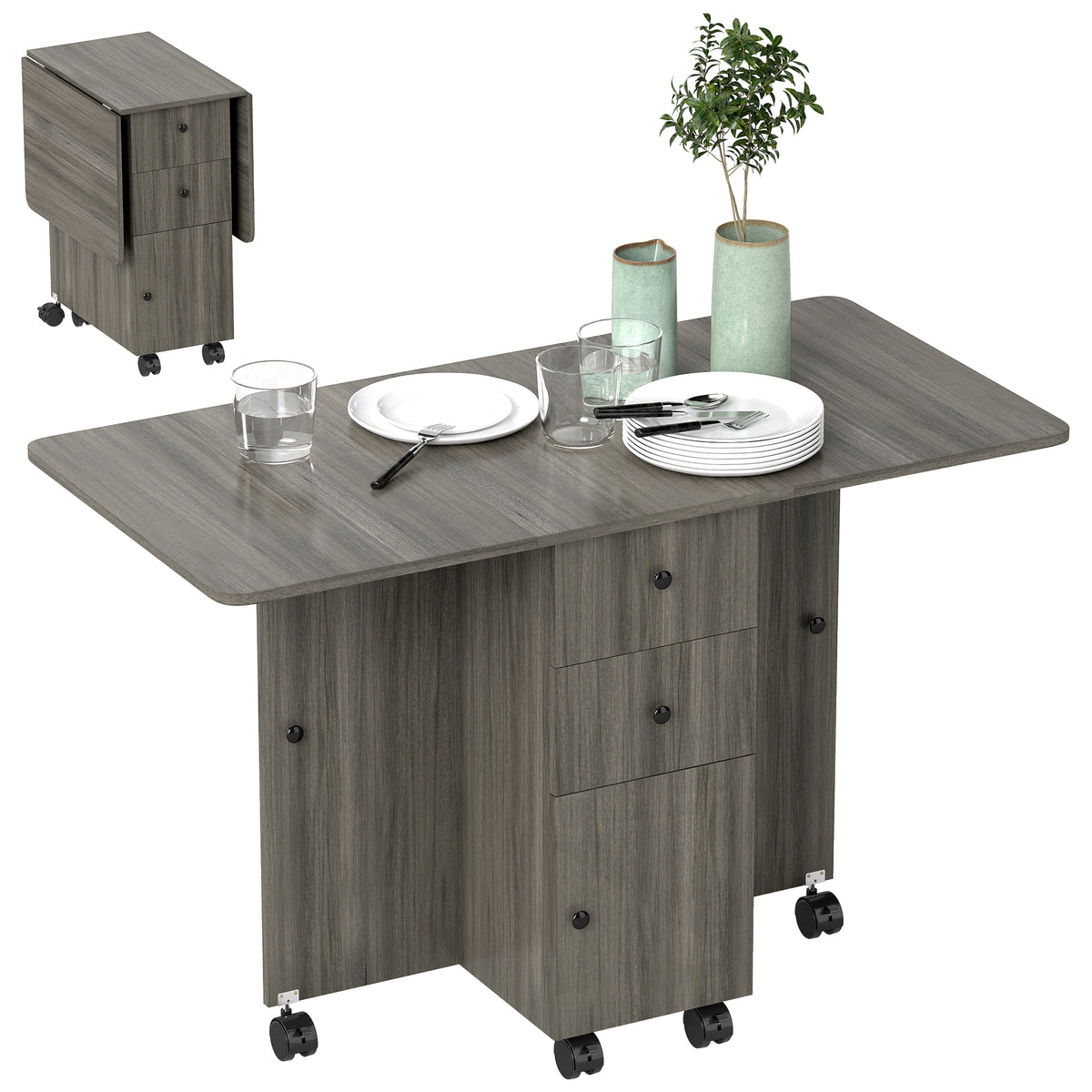 Table à manger pliante escamotable avec rangement à roulettes