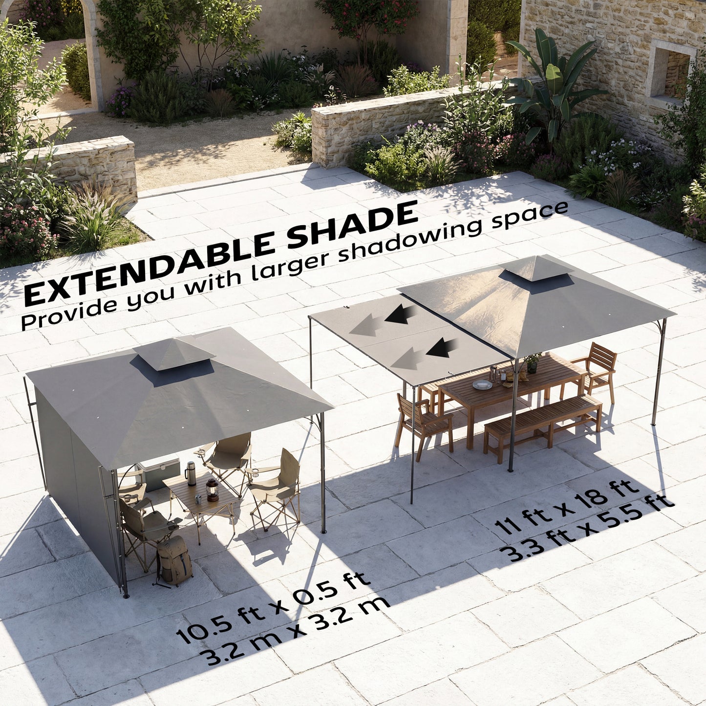 Gazebo de patio double toit avec auvent extensible