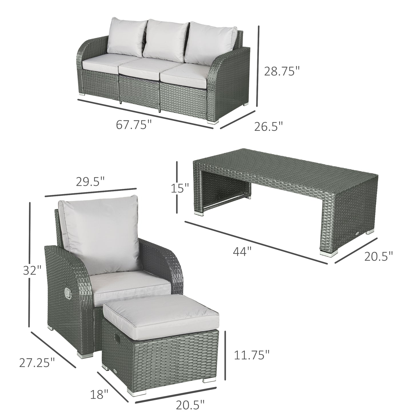 Salon de patio 6 pièces rotin avec fauteuils inclinables