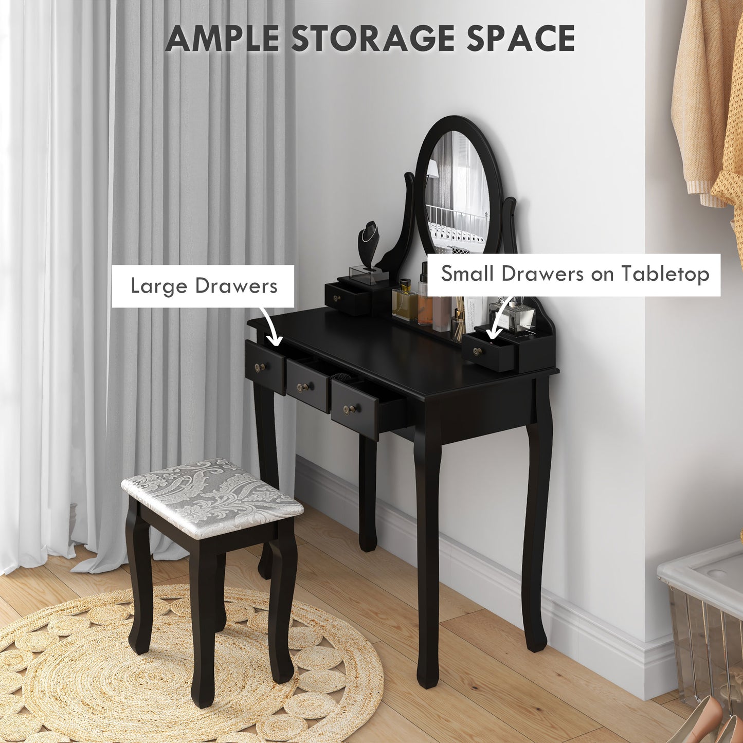 Coiffeuse avec tabouret miroir rotatif 360° 5 tiroirs