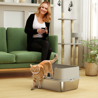 Bacs à litière pour chat en acier inoxydable à rebords