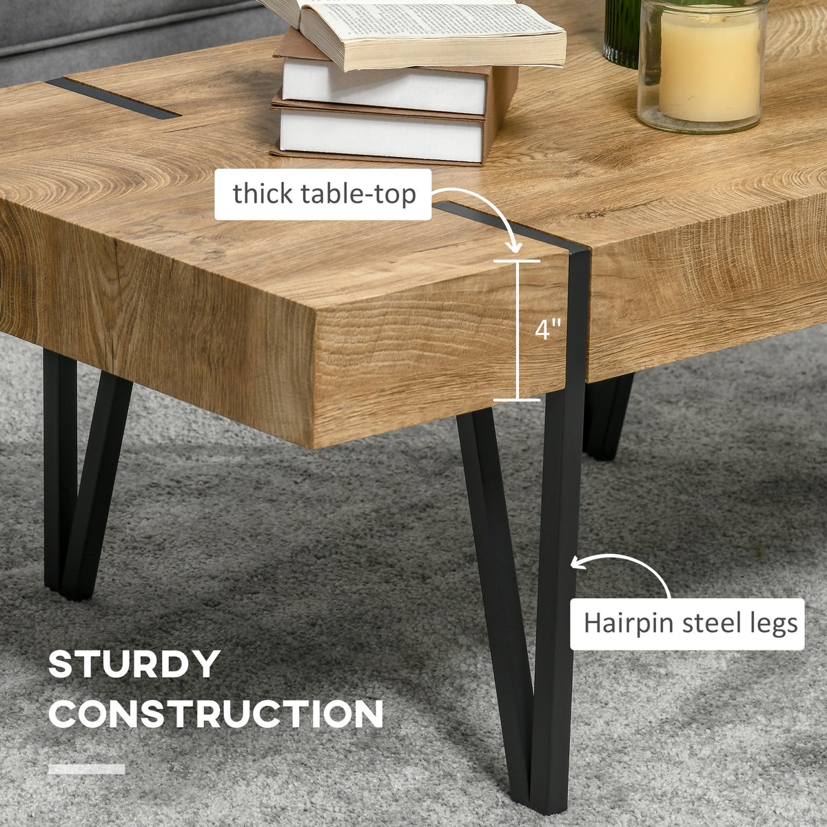 Table à café rustique rectangle pieds épingles