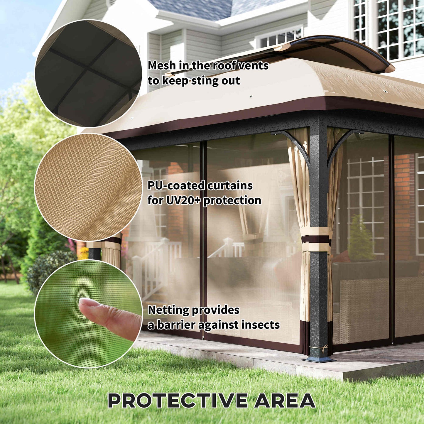 Gazebo de patio double toit avec filet et rideaux