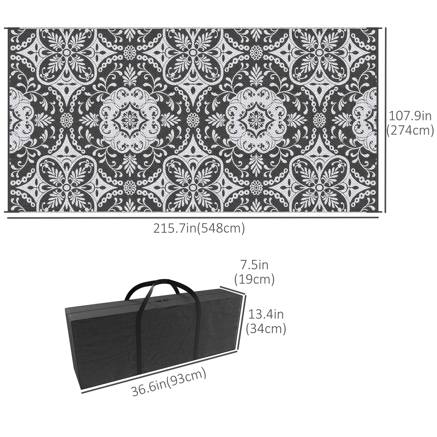 Tapis extérieur portable réversible 274 x 549 cm — Gris et blanc