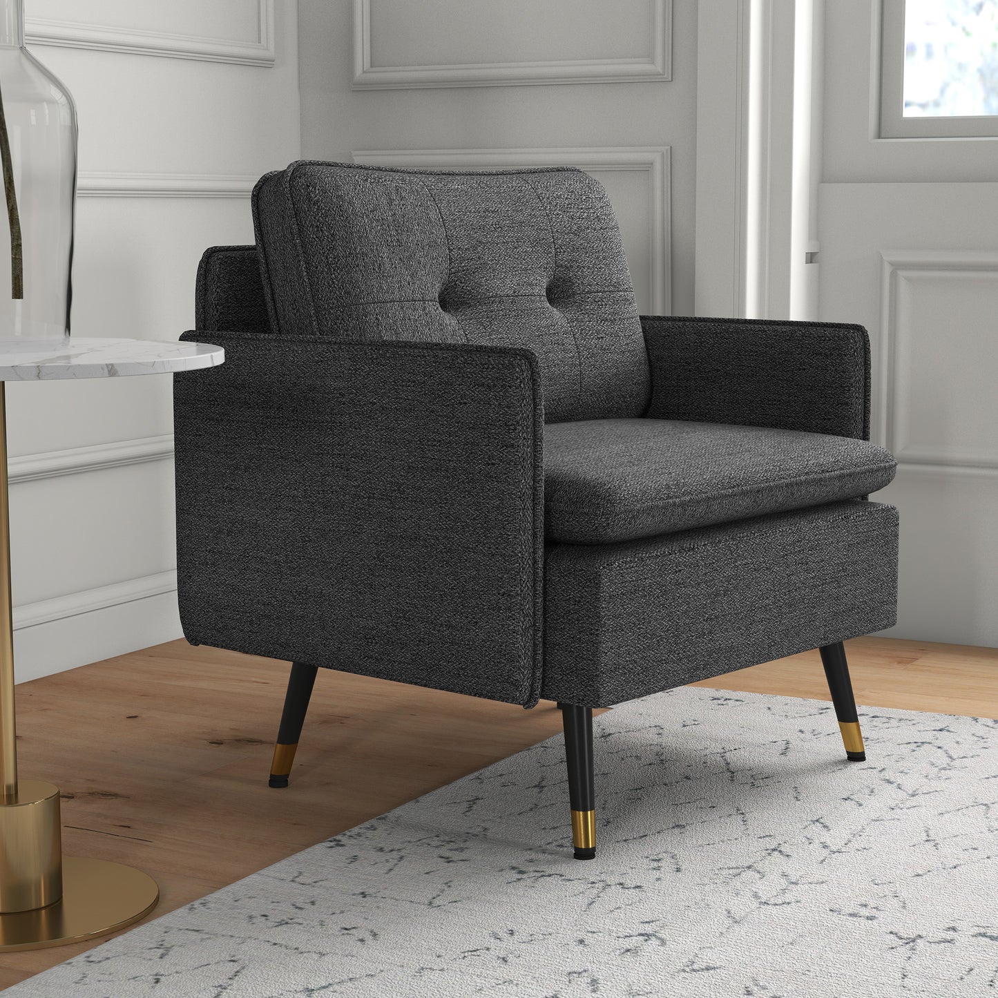 Fauteuil d'accent rembourré dossier capitonné pieds acier