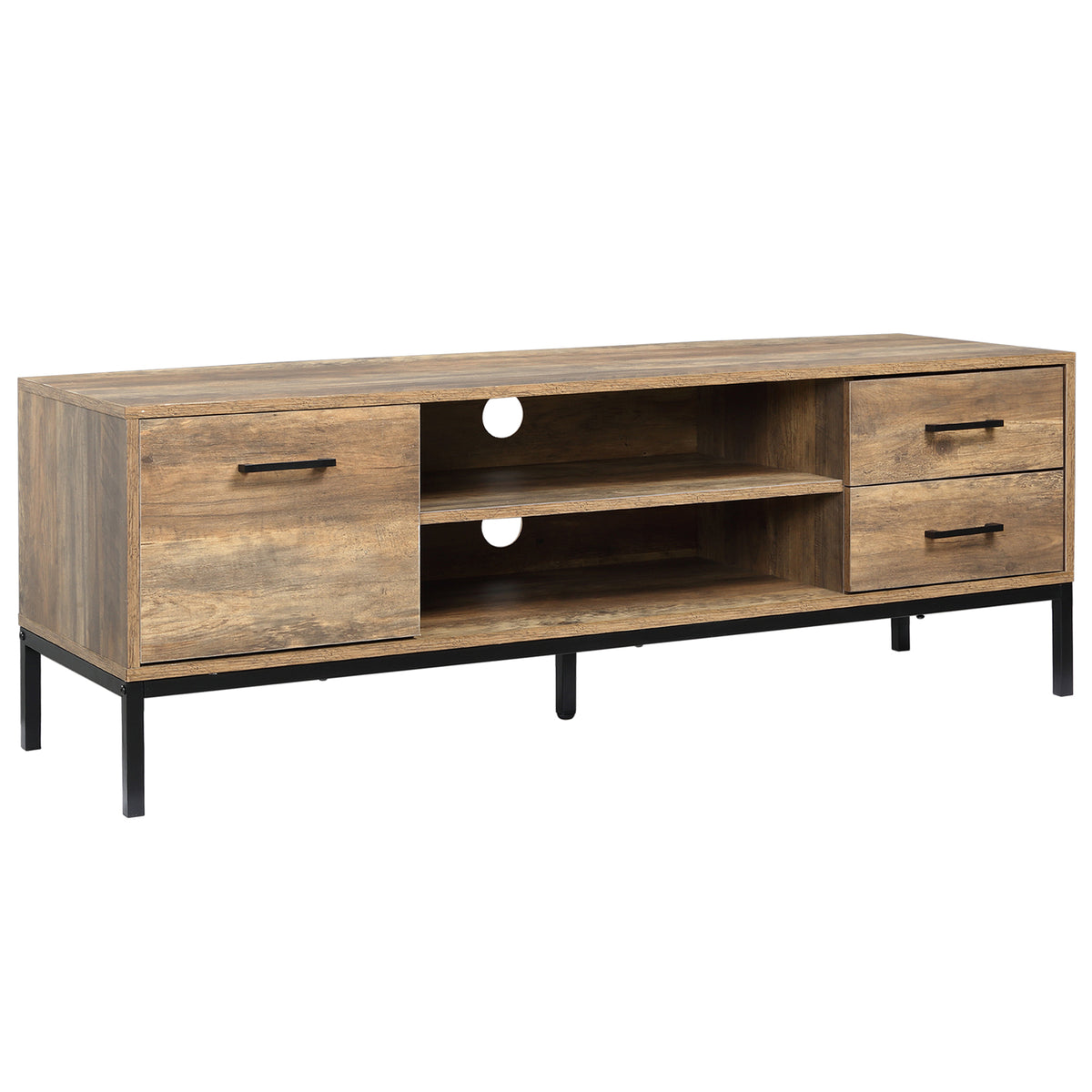 Meuble TV moderne avec rangement et tablettes ouvertes