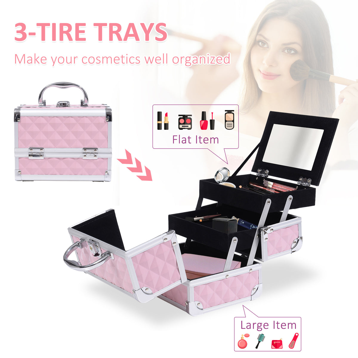Mallette maquillage 3 étages miroir organisateur