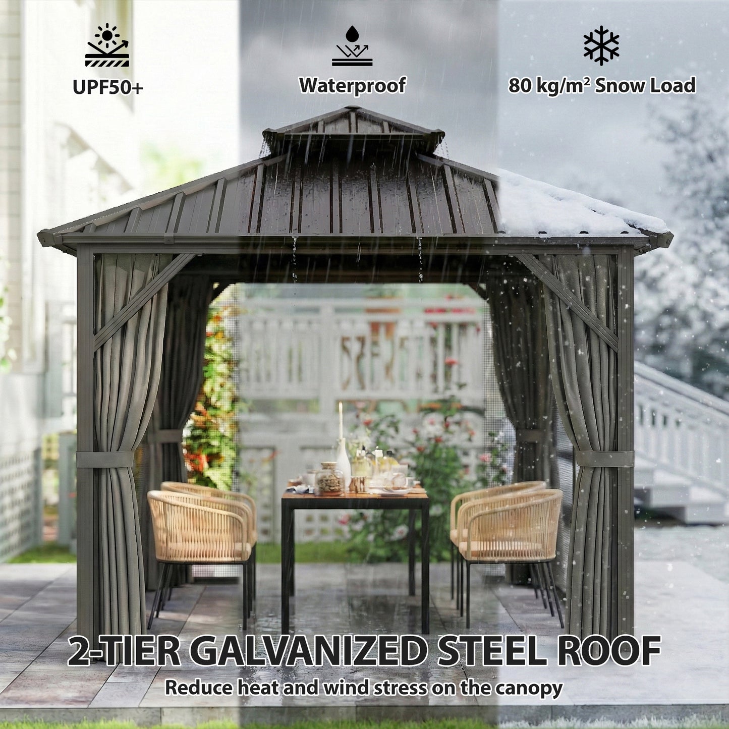 Gazébo Outsunny 3x3m Toit Dur Acier Galvanisé Cadre Aluminium Gris Foncé