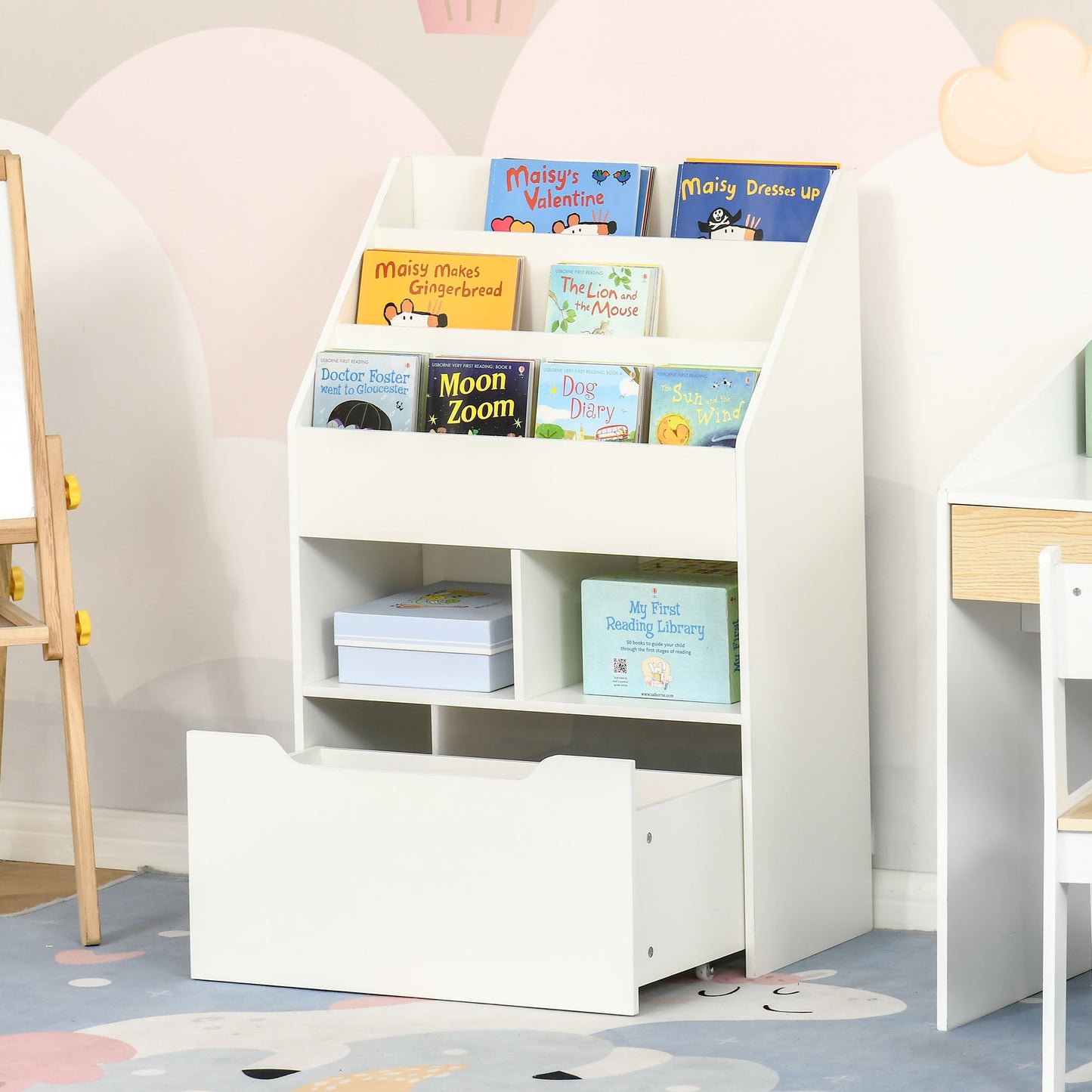 Bibliothèque enfants avec rangement tiroir roulettes