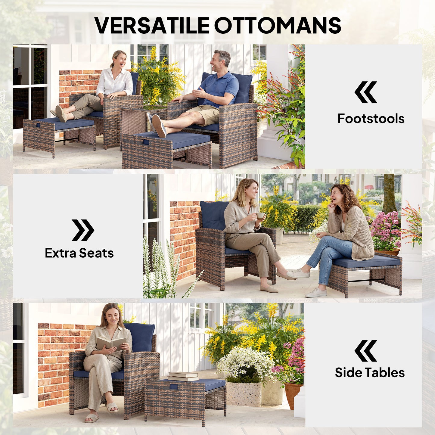 Outsunny 5-Piece Rattan Patio Set - Chairs + Ottomans + Glass Table