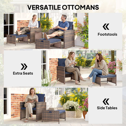 Outsunny 5-Piece Rattan Patio Set - Chairs + Ottomans + Glass Table