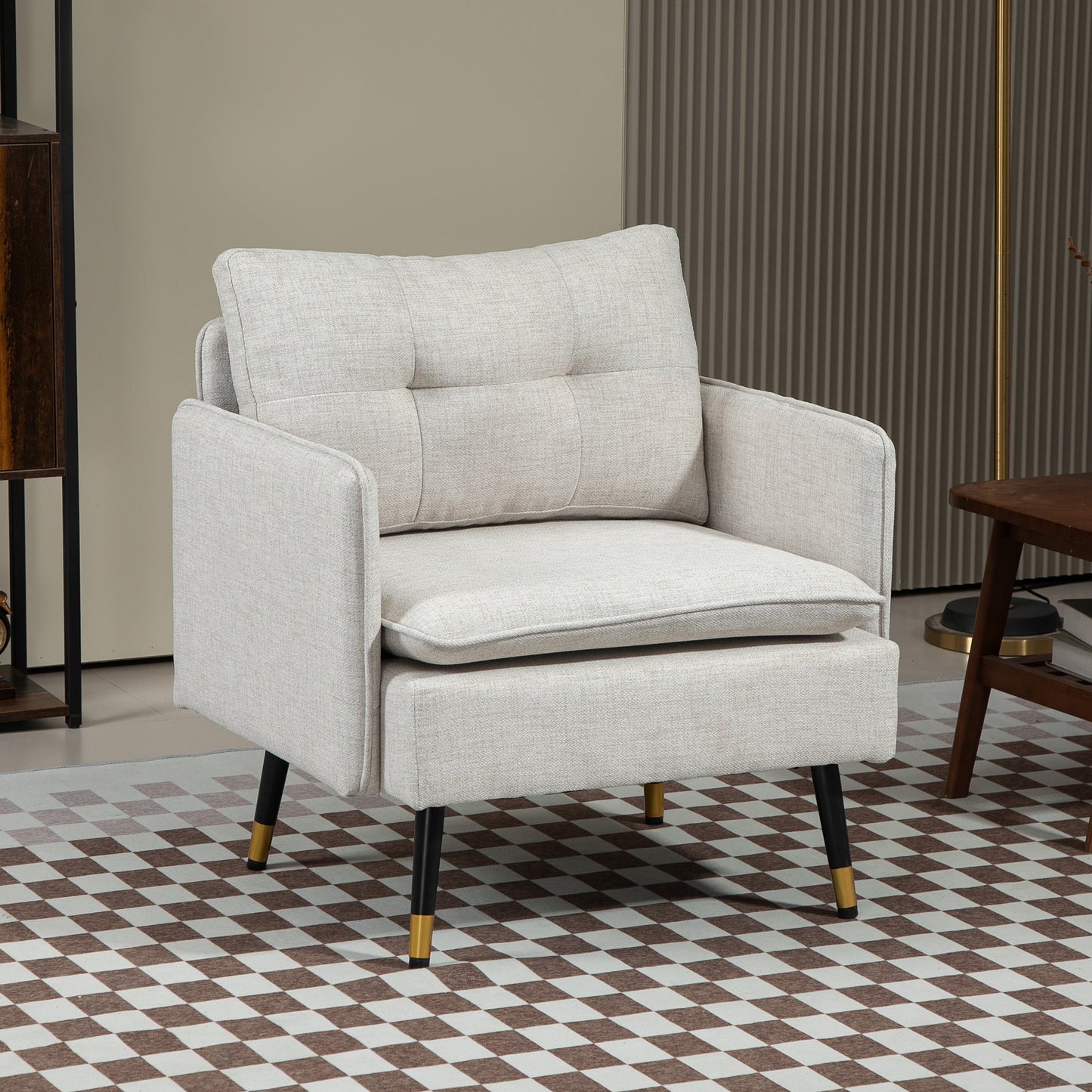 Fauteuil d'accent rembourré dossier capitonné pieds acier