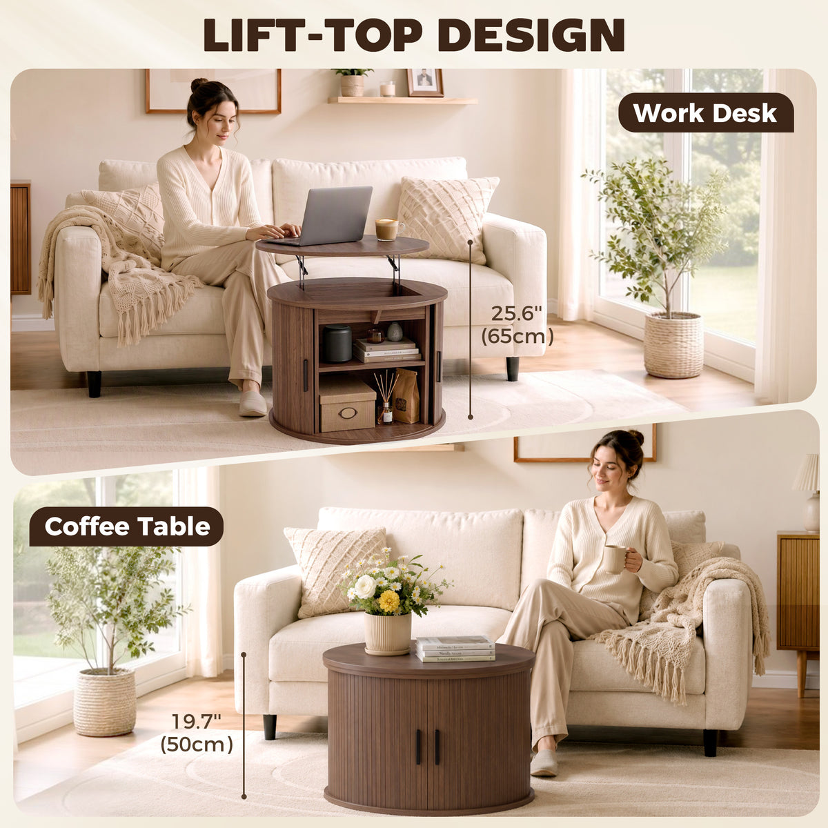 Table basse ronde à plateau relevable et rangement
