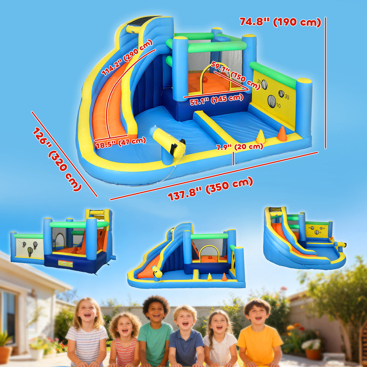 Château gonflable pour enfants avec toboggan et piscine