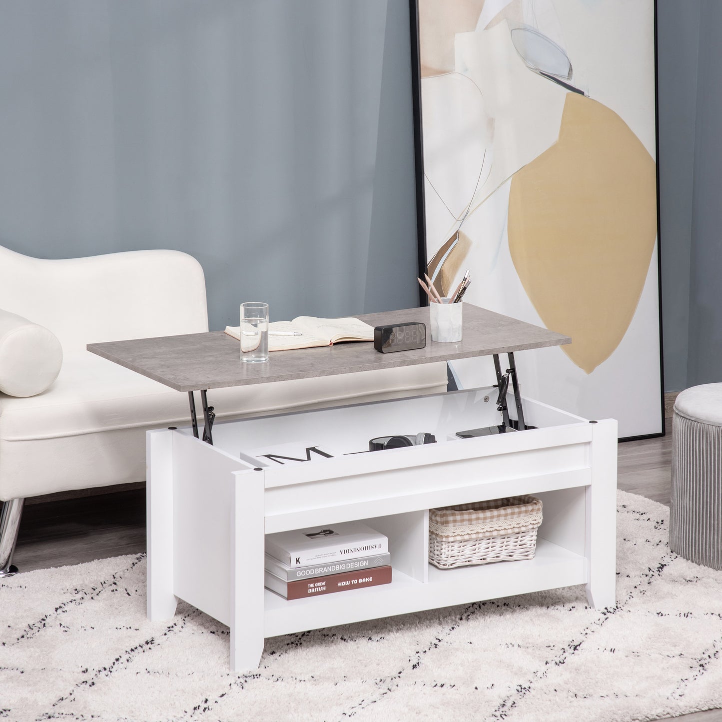 Table à café avec plateau relevable et rangement caché