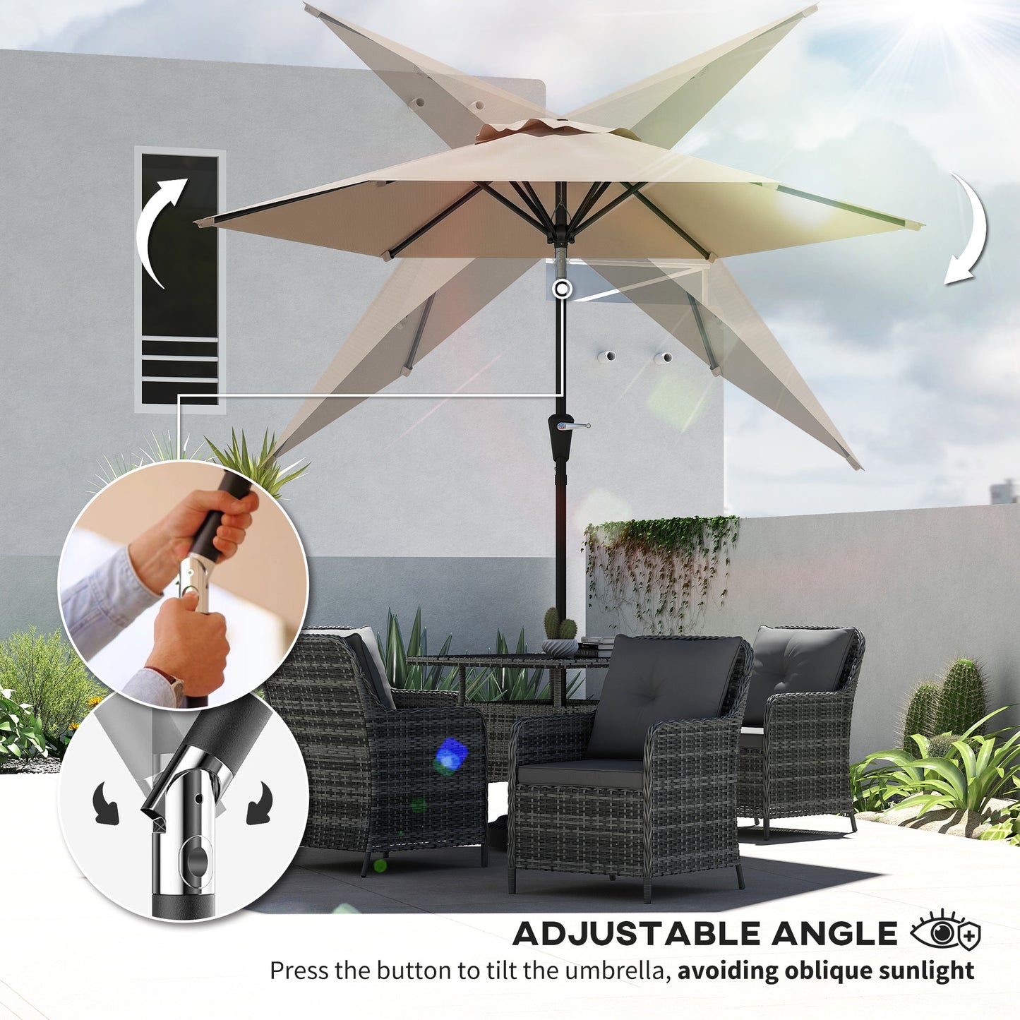Parasol de terrasse inclinable avec 6 baleines — kaki