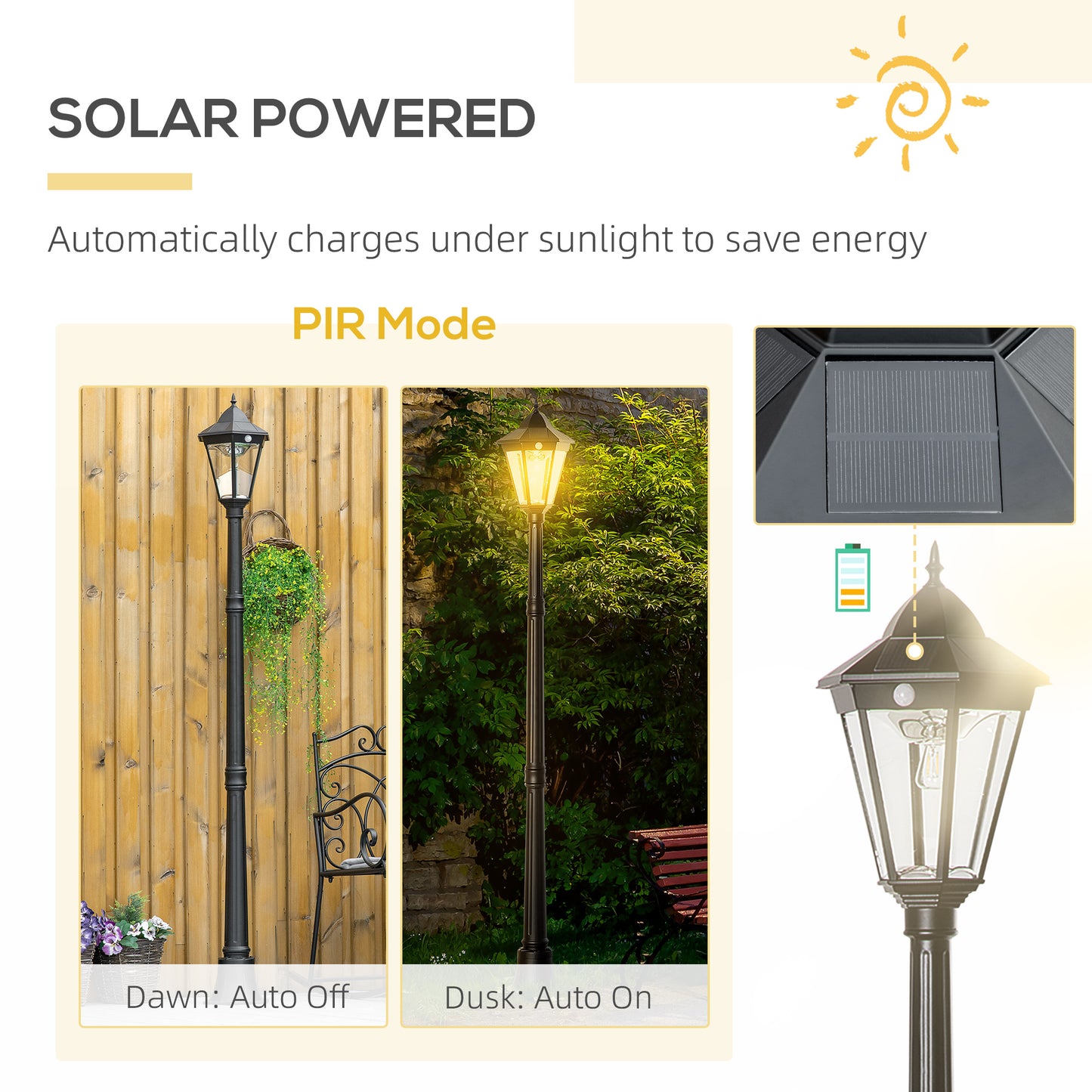 Lampadaire Solaire Outsunny 196cm Détecteur Mouvement Extérieur Noir