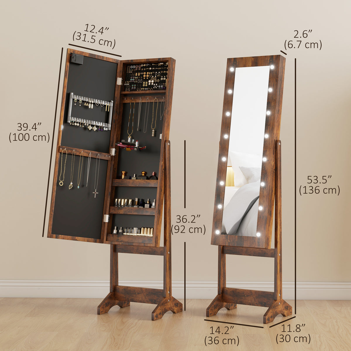 Armoire à bijoux sur pied avec miroir éclairé et LED