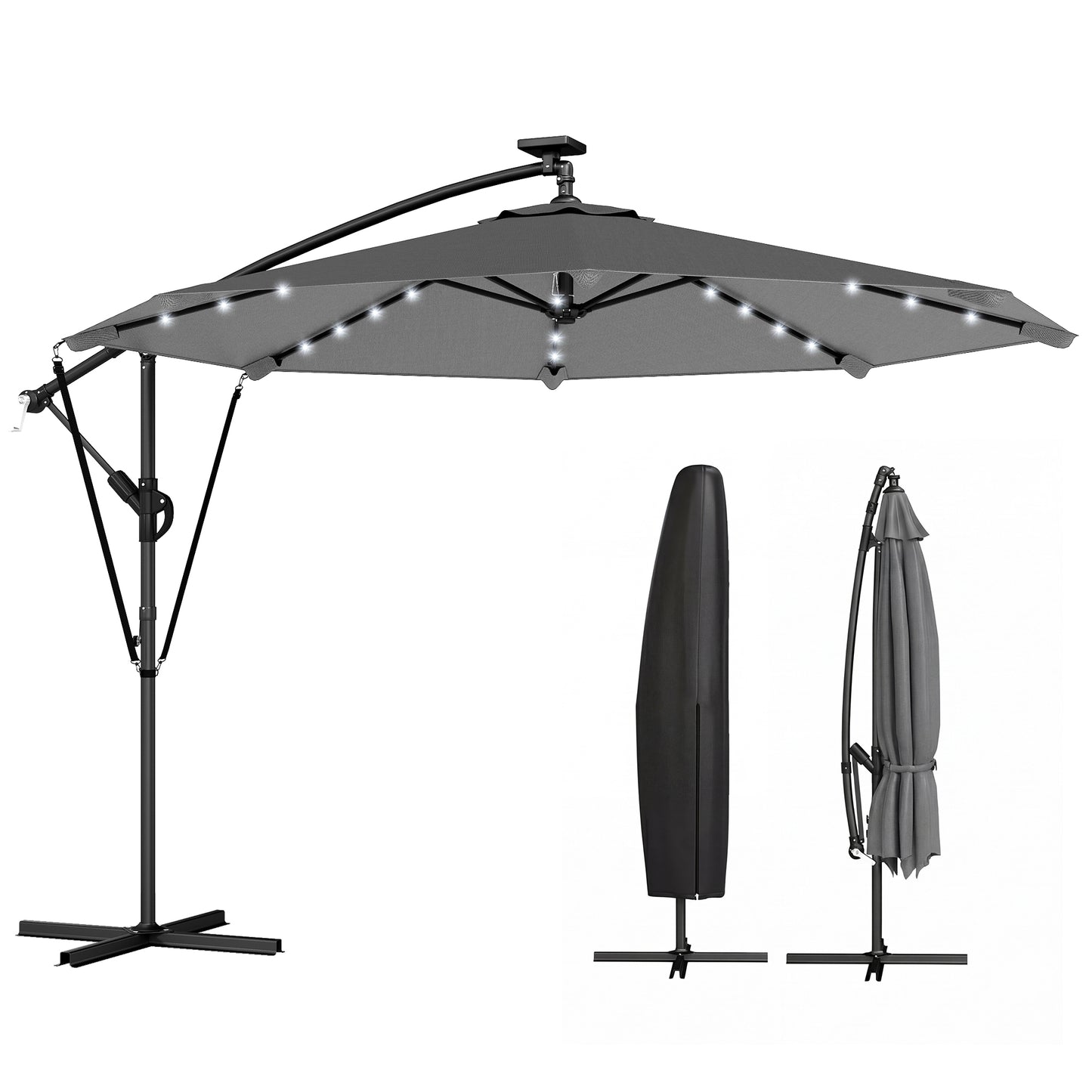 Parasol déporté solaire LED 295 cm avec éclairage