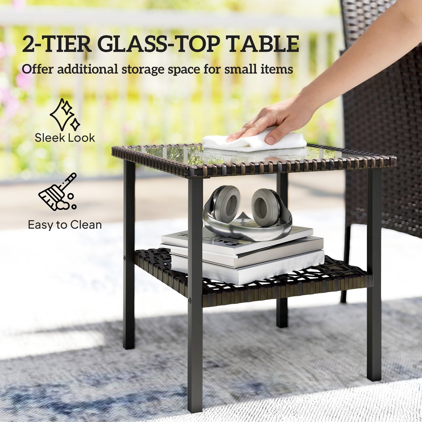 Ensemble bistrot 3 pièces rotin avec table verre — kaki